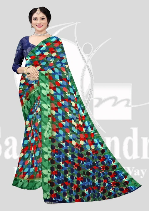 Wetless Printed Saree with Lace - Kdambari - Green Mix